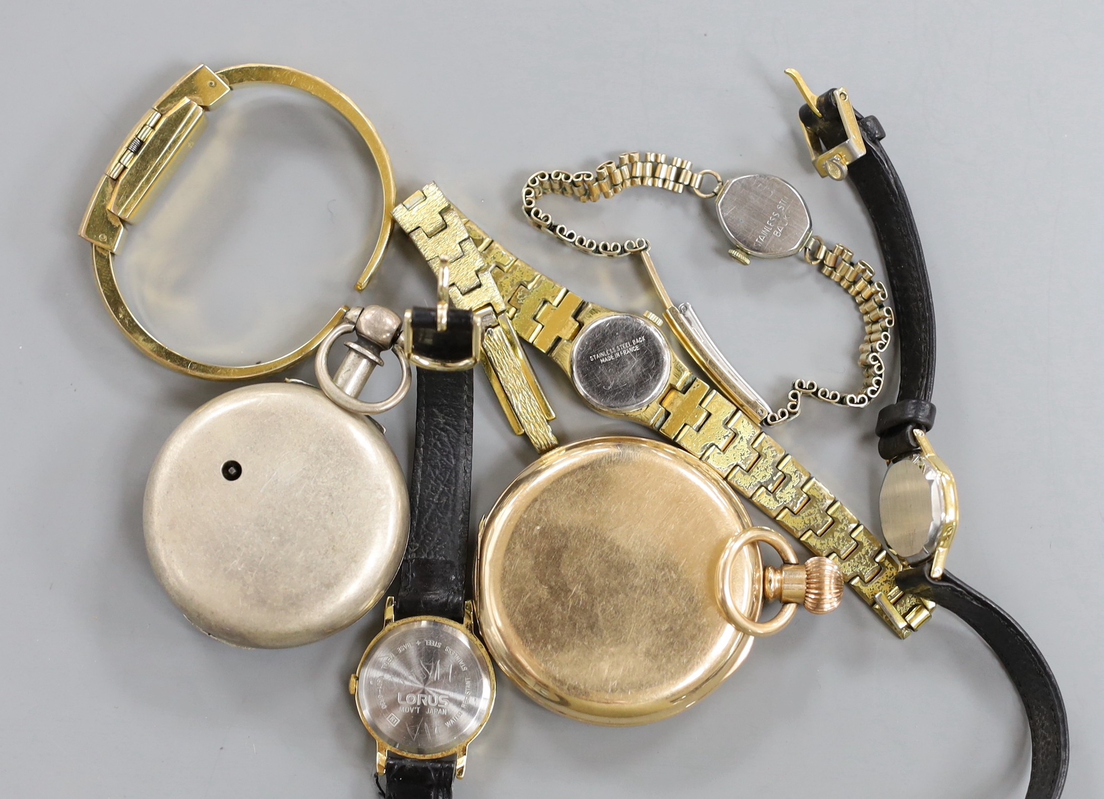 A silver verge pocket watch (lacking outer case) and various gold plated watches.